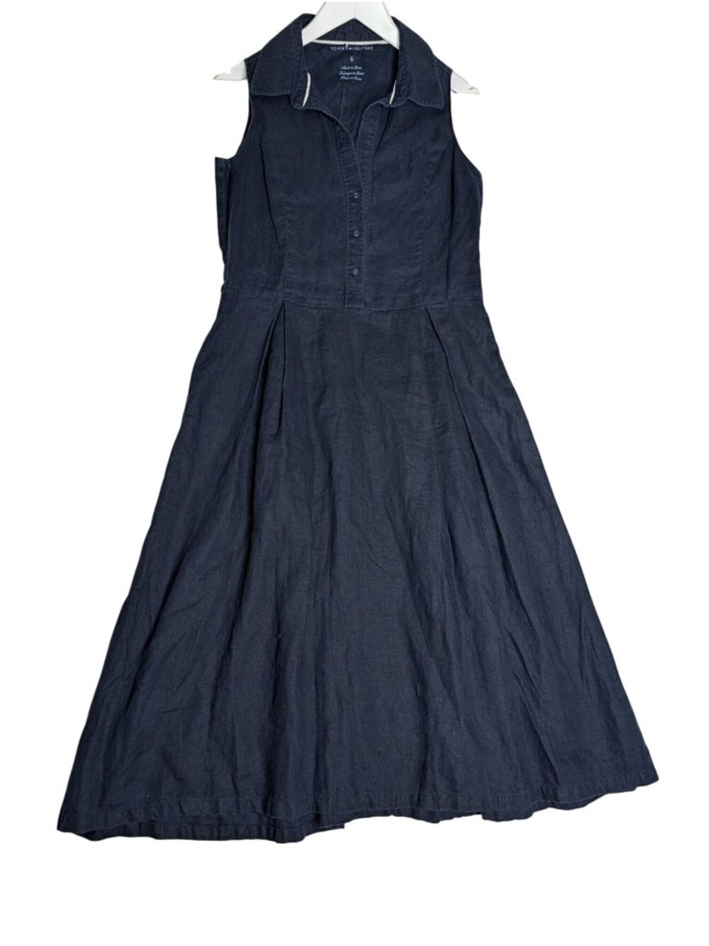 Tommy Hilfiger Linen Womens Navy Sleeveless Midi Dress Button Front & Collar Siz